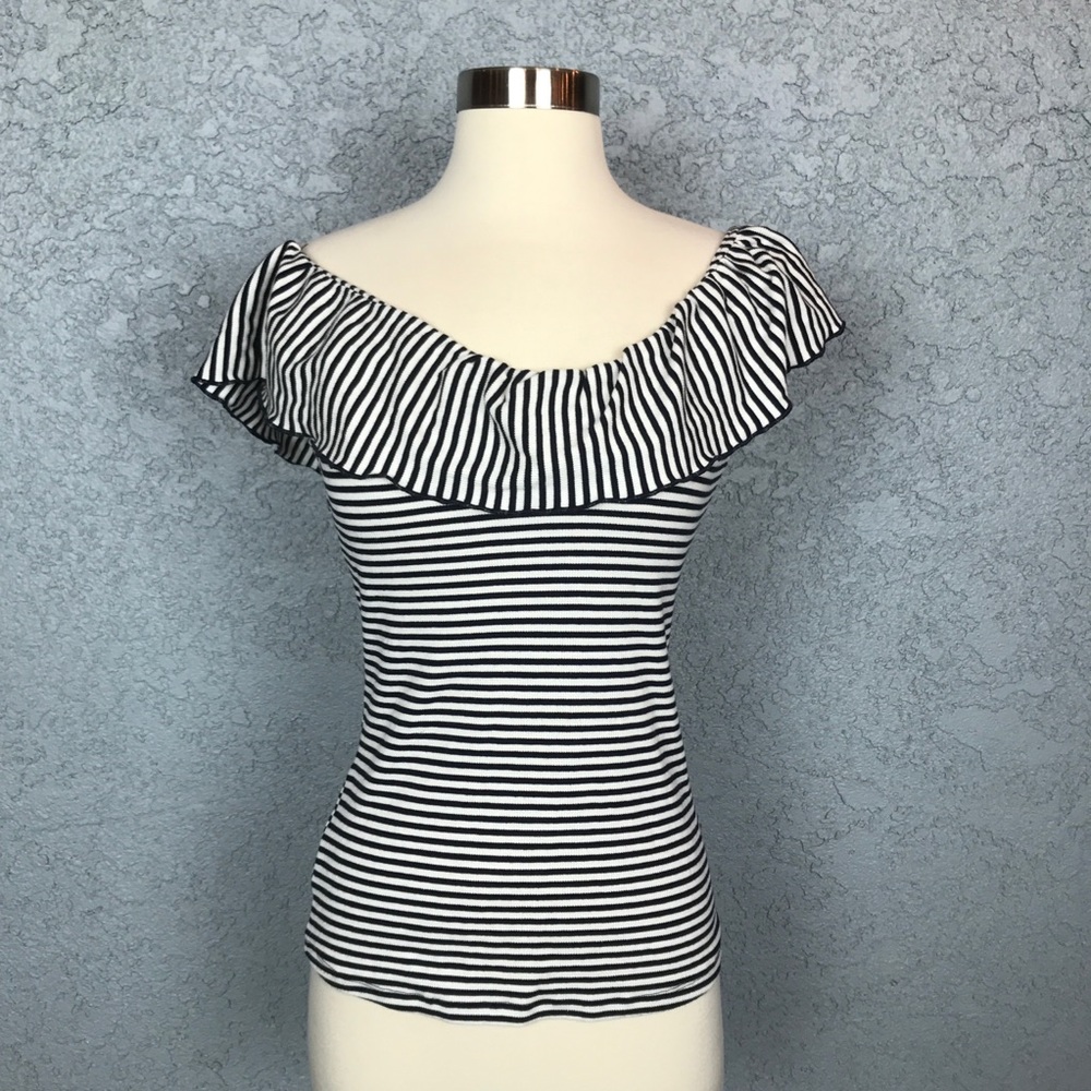 Andeawy Womens Top Sz XS blue & white ruffle top